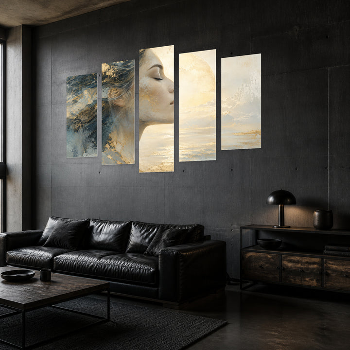Abstract Profile in Serene Light — five-panel wall art in perspective interior | 5wallart 55106 M2