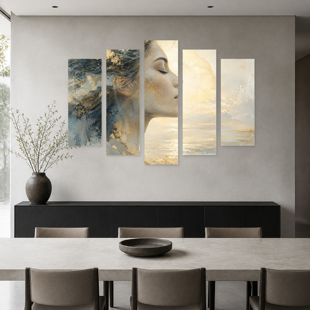 Abstract Profile in Serene Light — five-panel wall art in frontal interior | 5wallart 55106 M3