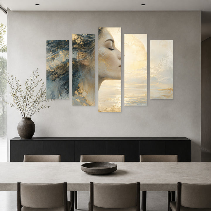 Abstract Profile in Serene Light — five-panel wall art in frontal interior | 5wallart 55106 M3