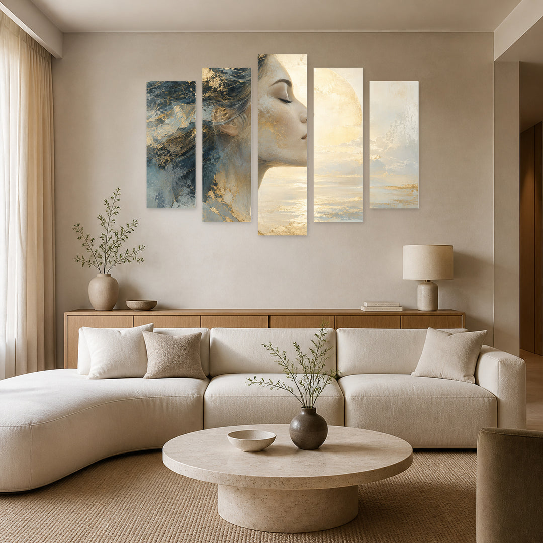 Abstract Profile in Serene Light — five-panel wall art in alternate frontal interior | 5wallart 55106 M4