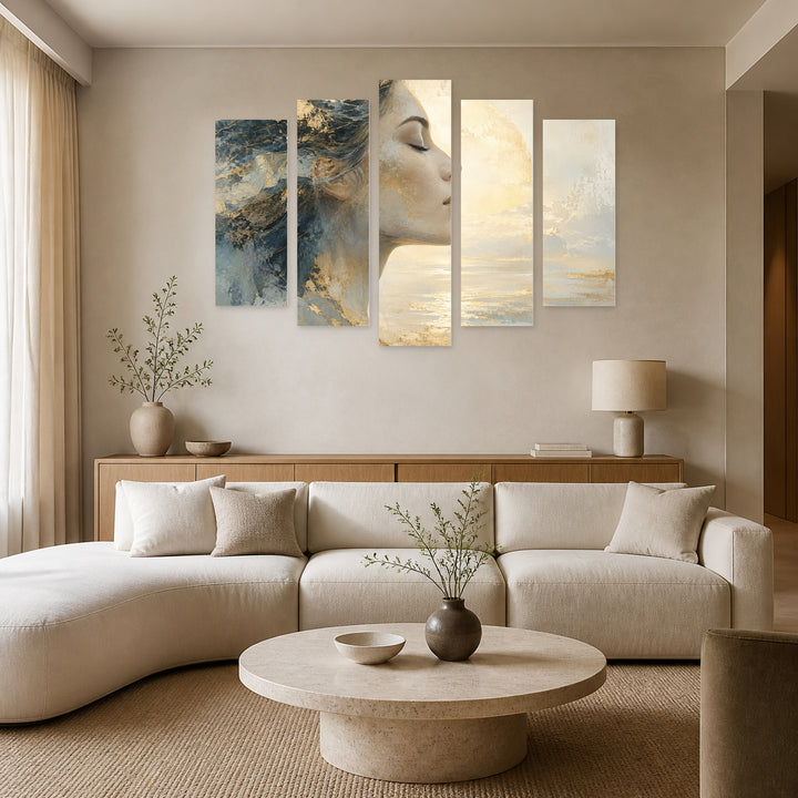 Abstract Profile in Serene Light — five-panel wall art in alternate frontal interior | 5wallart 55106 M4