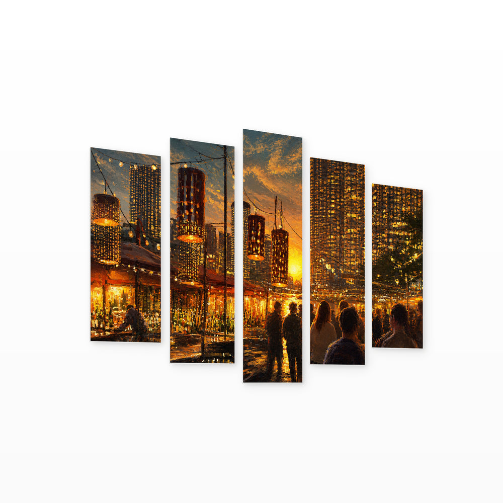 Outdoor Bar at Golden Sunset — five-panel wall art on white background in perspective | 5wallart 55107 M1