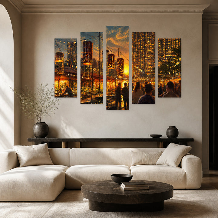Outdoor Bar at Golden Sunset — five-panel wall art in frontal interior | 5wallart 55107 M3