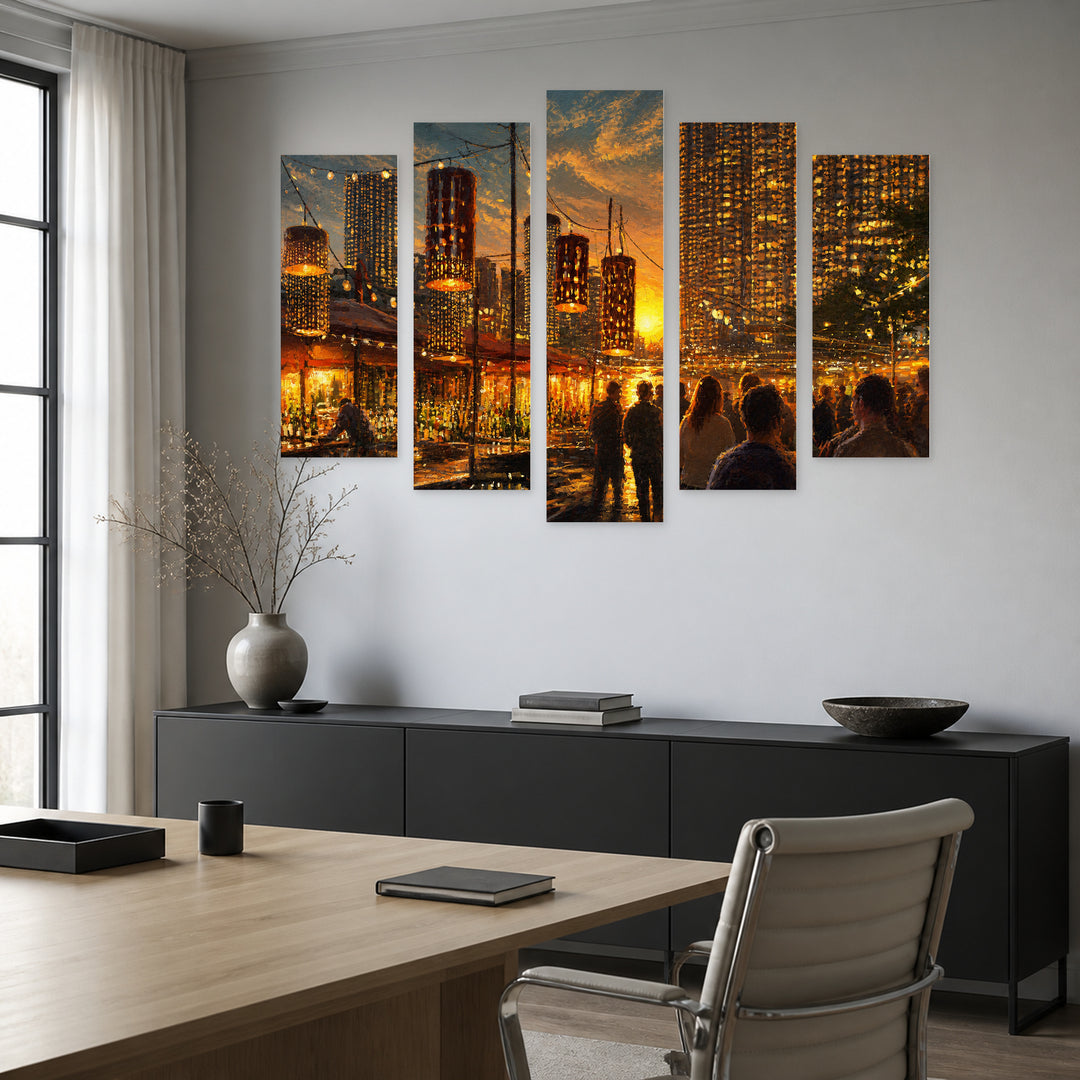 Outdoor Bar at Golden Sunset — five-panel wall art in alternate frontal interior | 5wallart 55107 M4