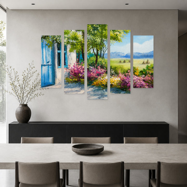 Blooming Garden in Vivid Color — five-panel wall art in frontal interior | 5wallart 55110 M3