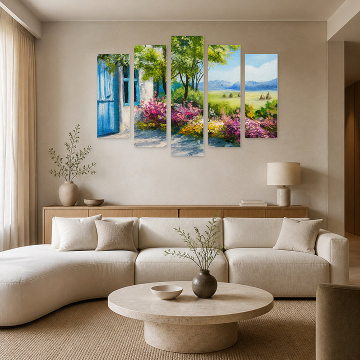 Blooming Garden in Vivid Color — five-panel wall art in alternate frontal interior | 5wallart 55110 M4