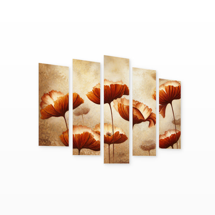 Abstract Beige Flowers with Geometric Rhythm — five-panel wall art on white background in perspective | 5wallart 55111 M1