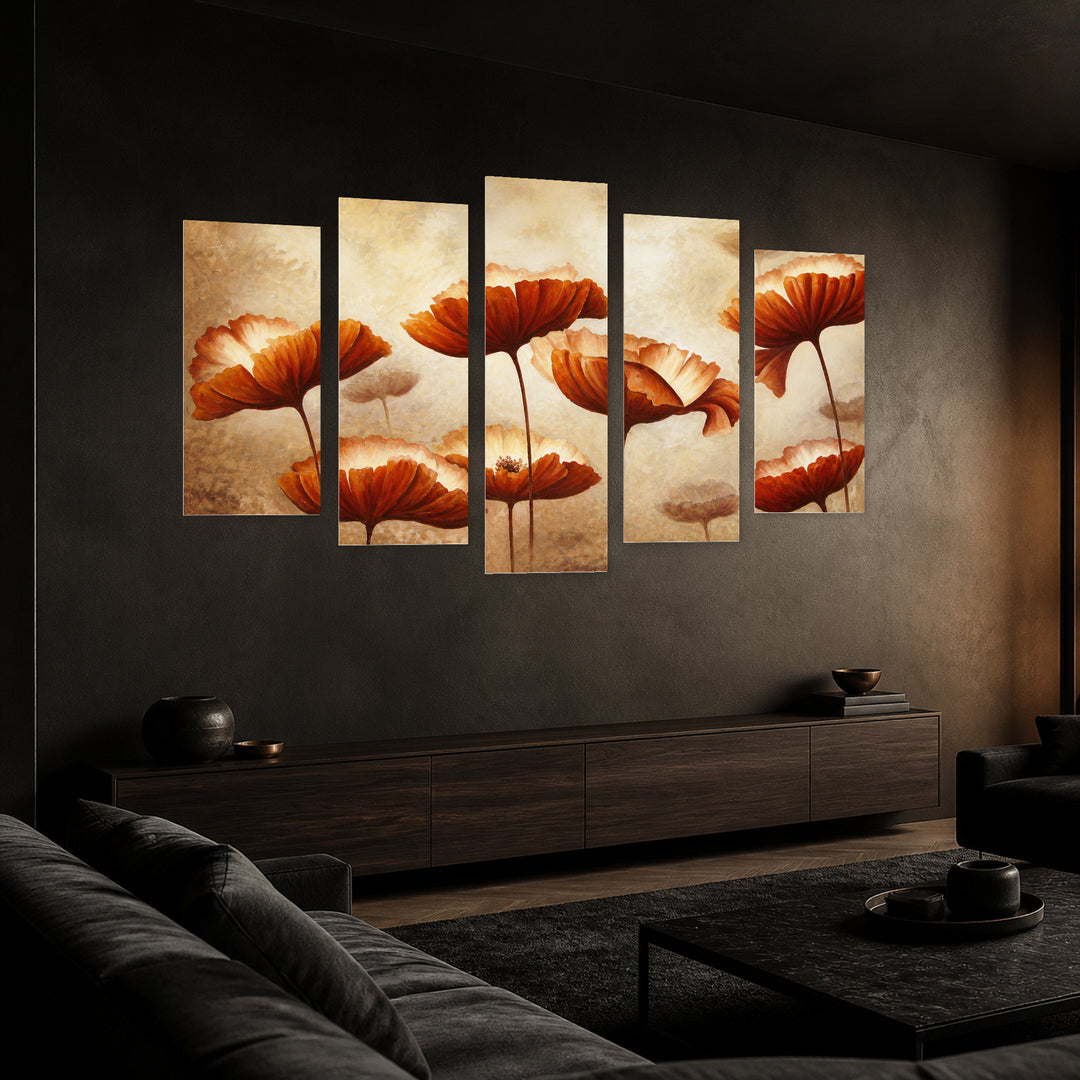 Abstract Beige Flowers with Geometric Rhythm — five-panel wall art in perspective interior | 5wallart 55111 M2