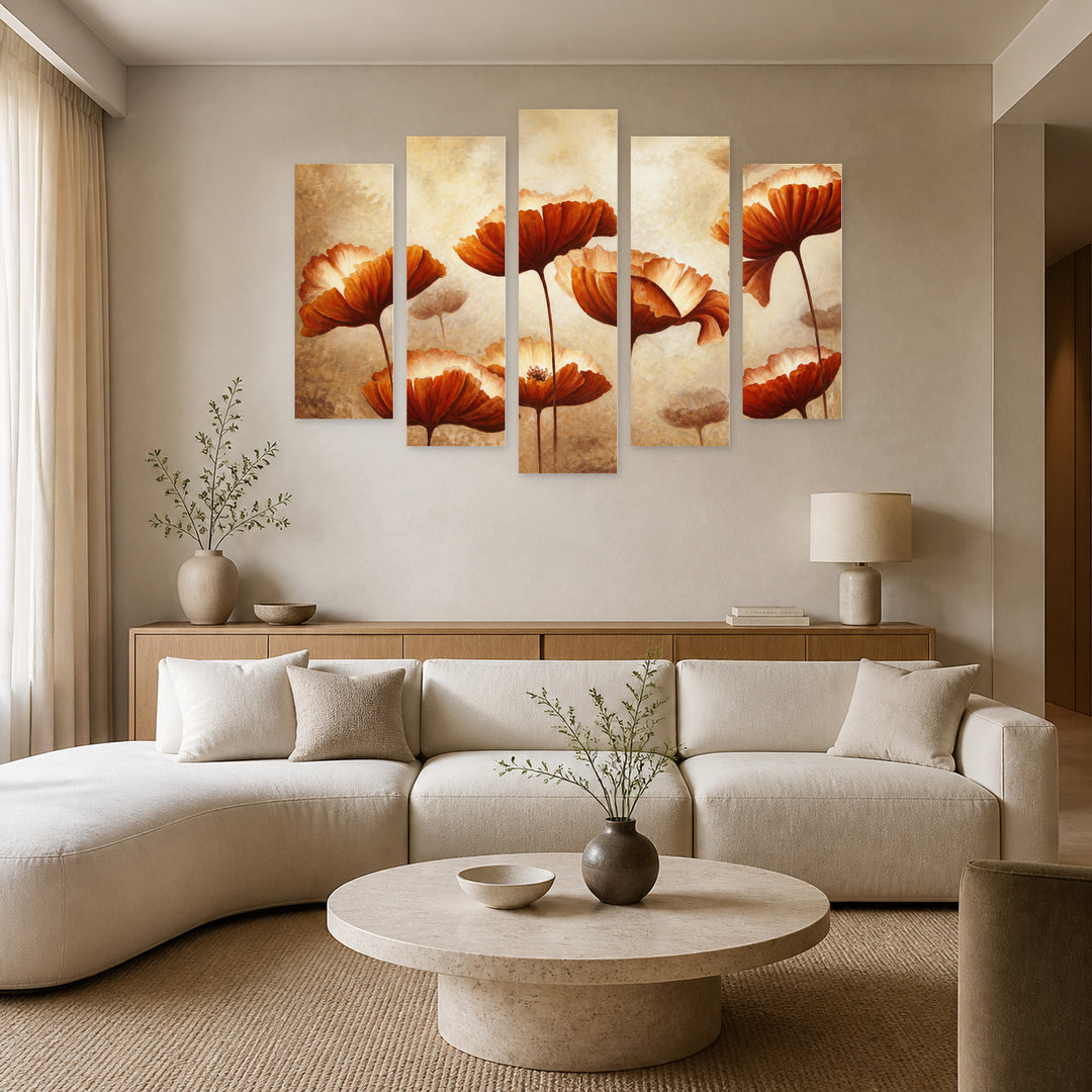 Abstract Beige Flowers with Geometric Rhythm — five-panel wall art in frontal interior | 5wallart 55111 M3