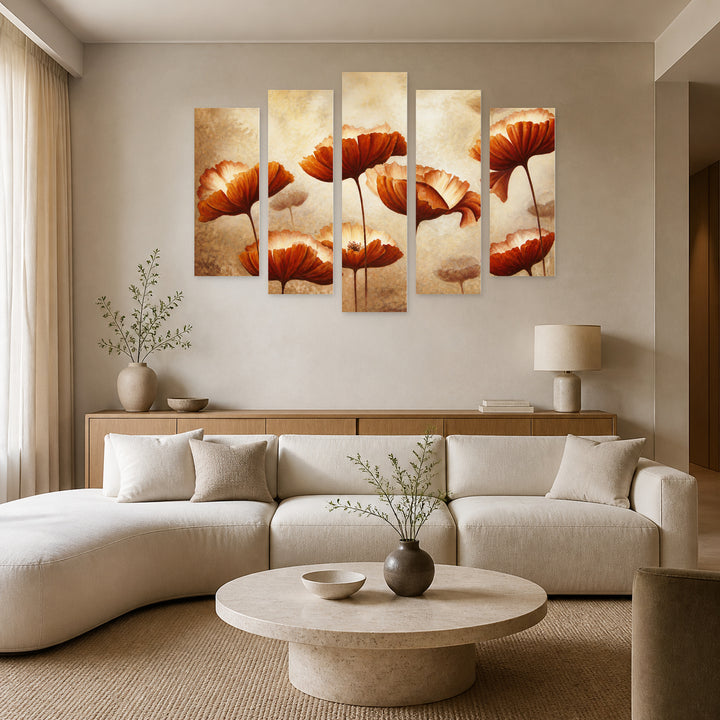 Abstract Beige Flowers with Geometric Rhythm — five-panel wall art in frontal interior | 5wallart 55111 M3