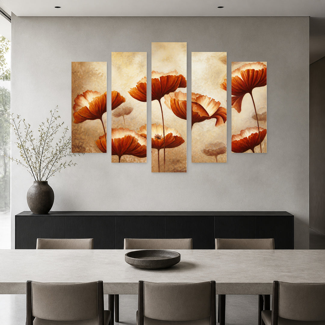 Abstract Beige Flowers with Geometric Rhythm — five-panel wall art in alternate frontal interior | 5wallart 55111 M4