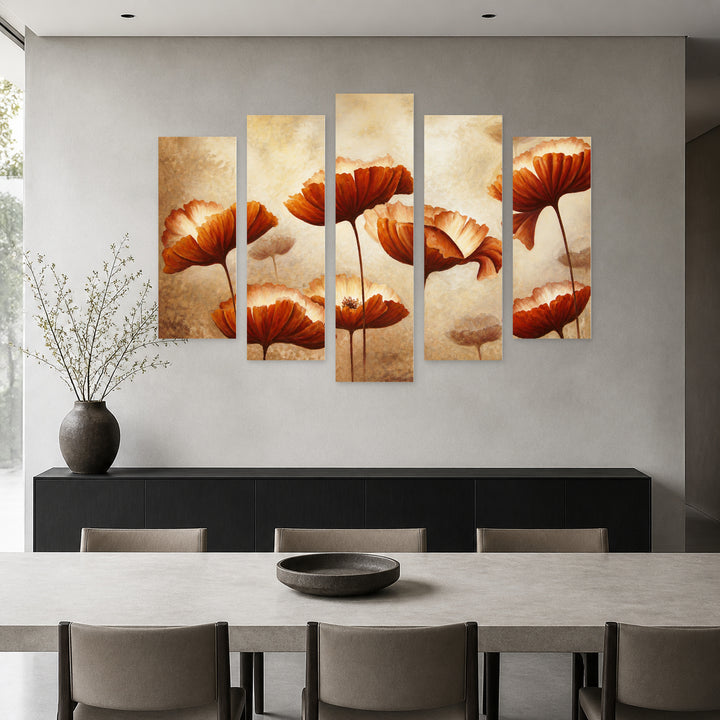 Abstract Beige Flowers with Geometric Rhythm — five-panel wall art in alternate frontal interior | 5wallart 55111 M4