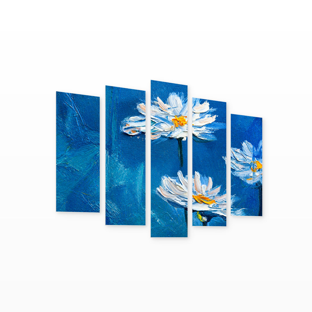Flowers on a Blue Background with Dramatic Contrast — five-panel wall art on white background in perspective | 5wallart 55117 M1