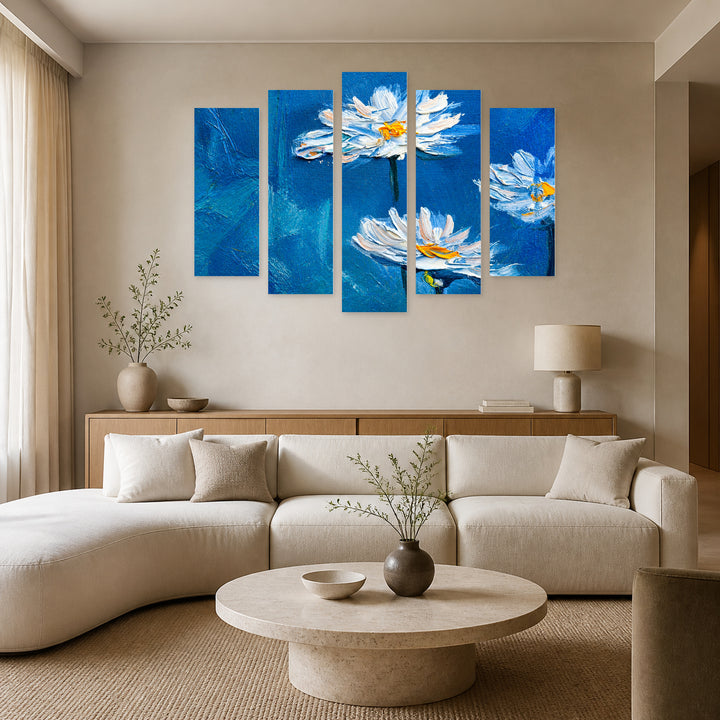 Flowers on a Blue Background with Dramatic Contrast — five-panel wall art in frontal interior | 5wallart 55117 M3