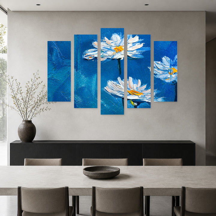 Flowers on a Blue Background with Dramatic Contrast — five-panel wall art in alternate frontal interior | 5wallart 55117 M4