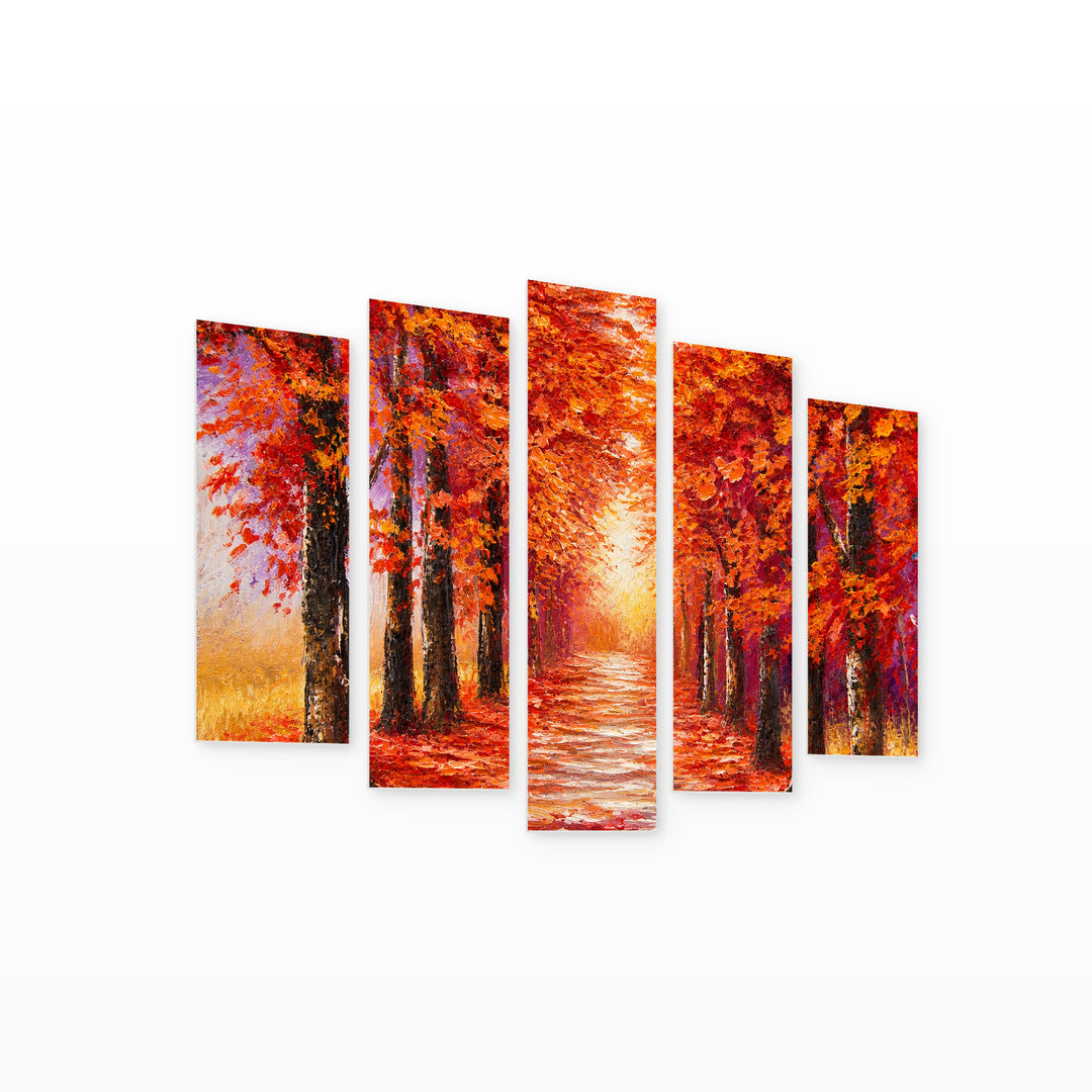 Autumn Path 2 in Serene Light — five-panel wall art on white background in perspective | 5wallart 55120 M1