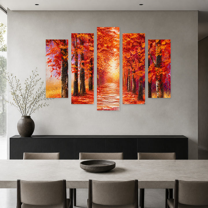 Autumn Path 2 in Serene Light — five-panel wall art in frontal interior | 5wallart 55120 M3