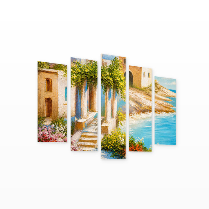 By the Seaside in Serene Light — five-panel wall art on white background in perspective | 5wallart 55121 M1