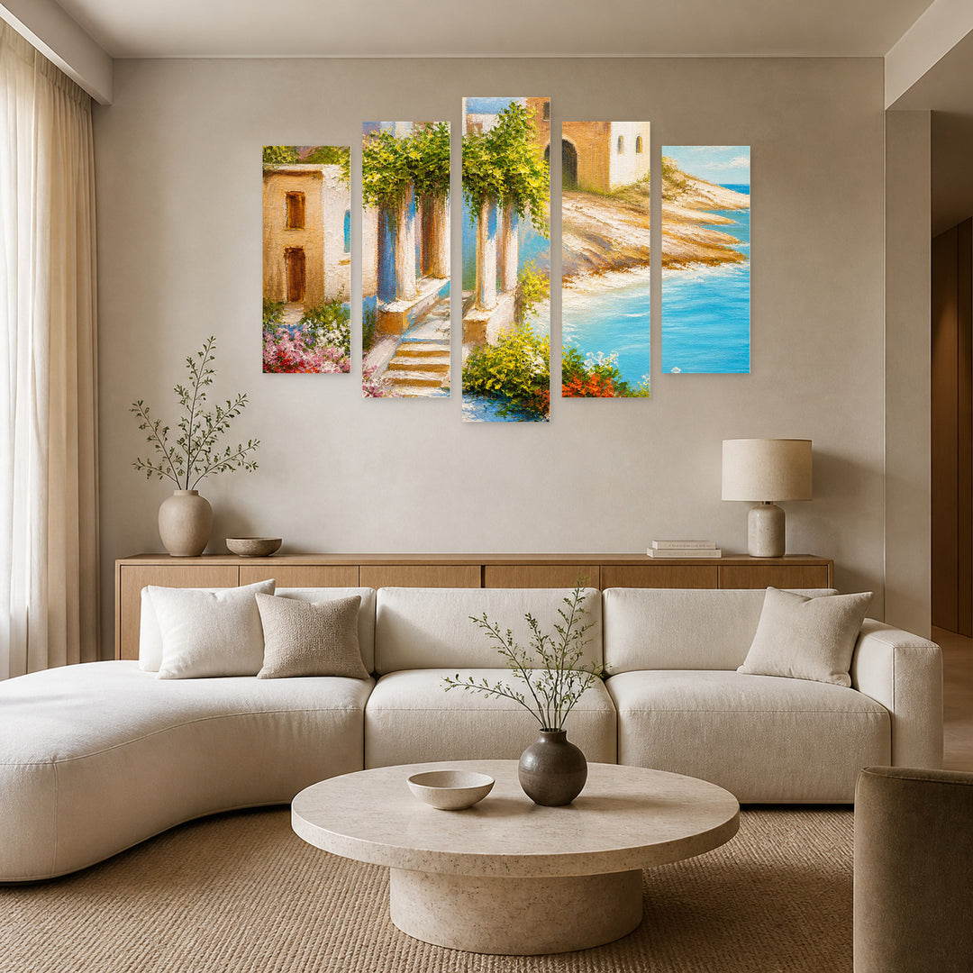 By the Seaside in Serene Light — five-panel wall art in frontal interior | 5wallart 55121 M3