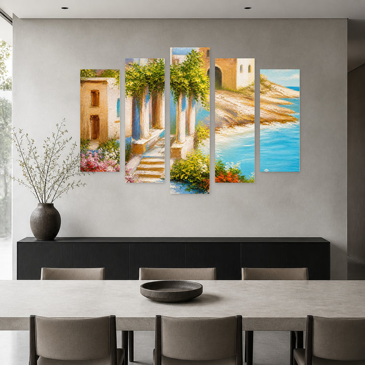By the Seaside in Serene Light — five-panel wall art in alternate frontal interior | 5wallart 55121 M4
