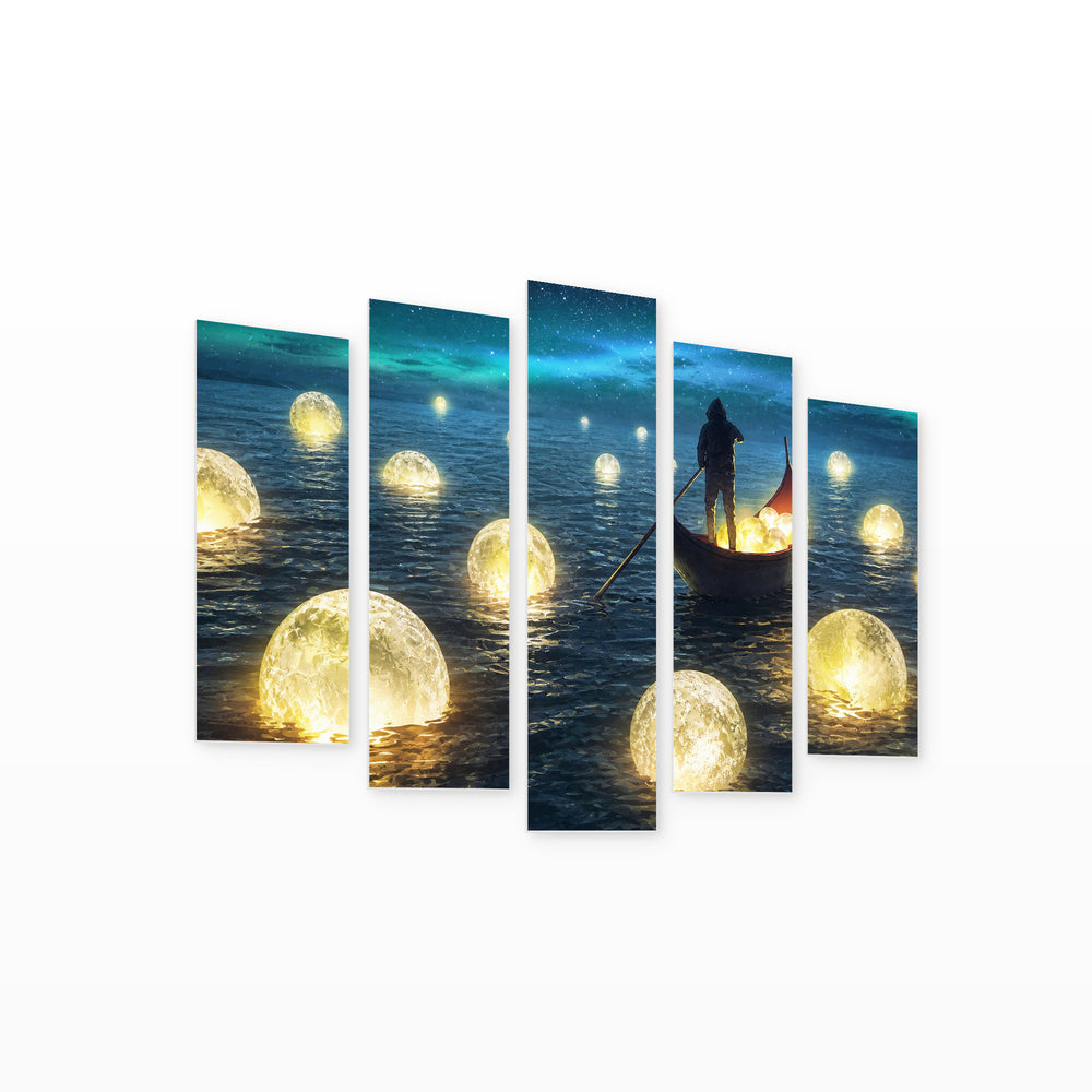 Moon Hunter with Dreamlike Atmosphere — five-panel wall art on white background in perspective | 5wallart 55141 M1