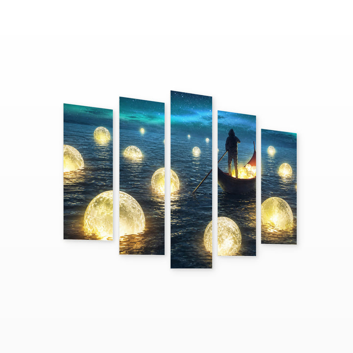 Moon Hunter with Dreamlike Atmosphere — five-panel wall art on white background in perspective | 5wallart 55141 M1