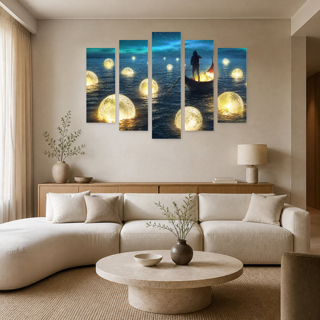 Moon Hunter with Dreamlike Atmosphere — five-panel wall art in frontal interior | 5wallart 55141 M3