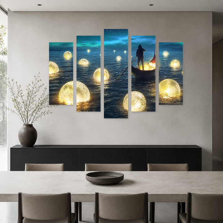 Moon Hunter with Dreamlike Atmosphere — five-panel wall art in alternate frontal interior | 5wallart 55141 M4