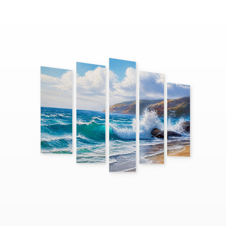 Crashing Wave Coastal Panorama — five-panel wall art on white background in perspective | 5wallart 55142 M1