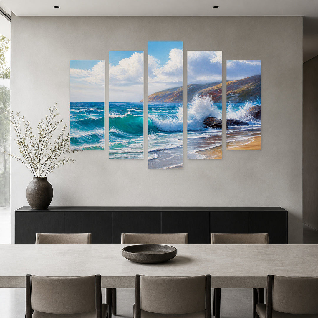 Crashing Wave Coastal Panorama — five-panel wall art in frontal interior | 5wallart 55142 M3