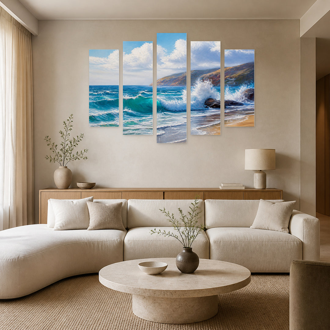 Crashing Wave Coastal Panorama — five-panel wall art in alternate frontal interior | 5wallart 55142 M4