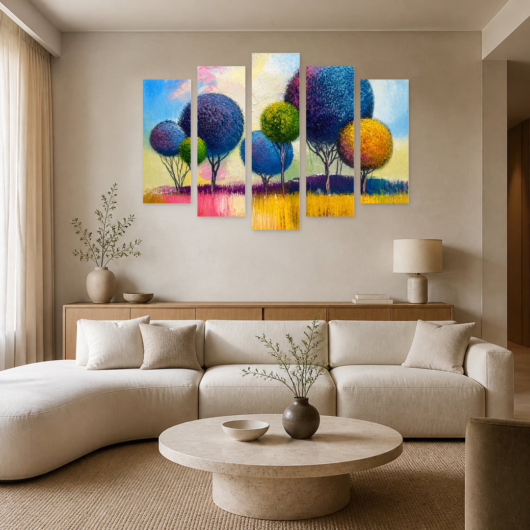 Landscape in Vivid Color — five-panel wall art in alternate frontal interior | 5wallart 55146 M4