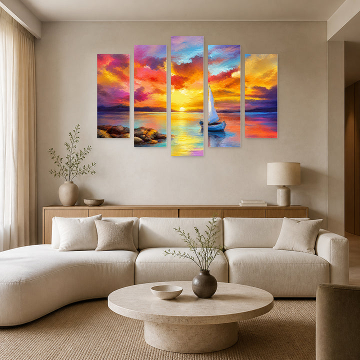 Golden Abstract Colorful Sunset — five-panel wall art in frontal interior | 5wallart 55147 M3