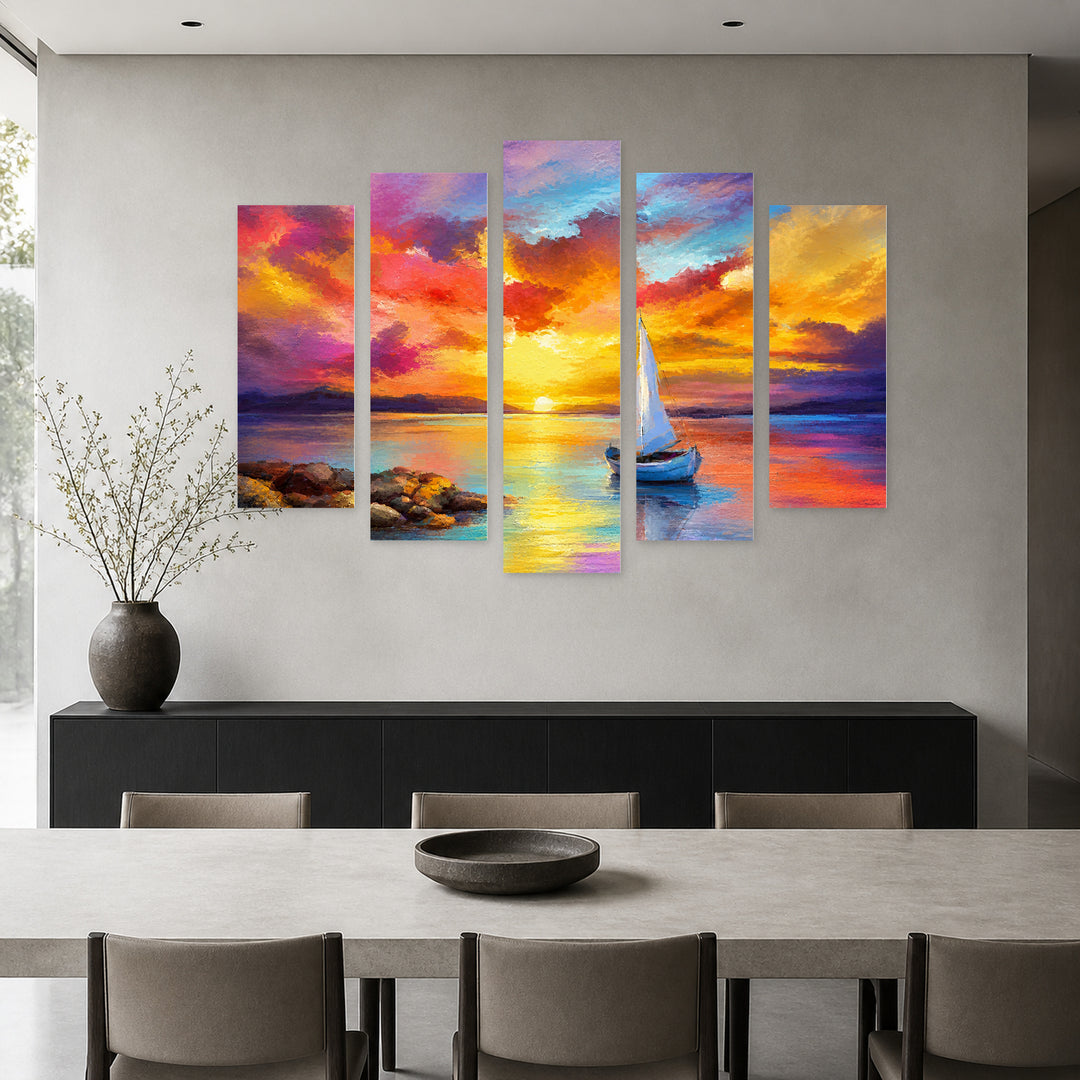 Golden Abstract Colorful Sunset — five-panel wall art in alternate frontal interior | 5wallart 55147 M4