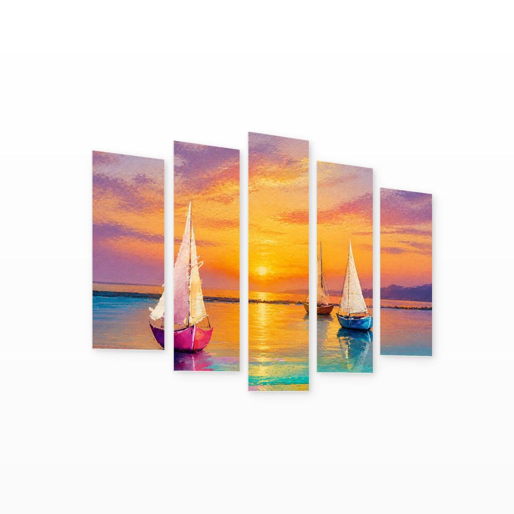 Golden Sunset over Three Boats — five-panel wall art on white background in perspective | 5wallart 55148 M1