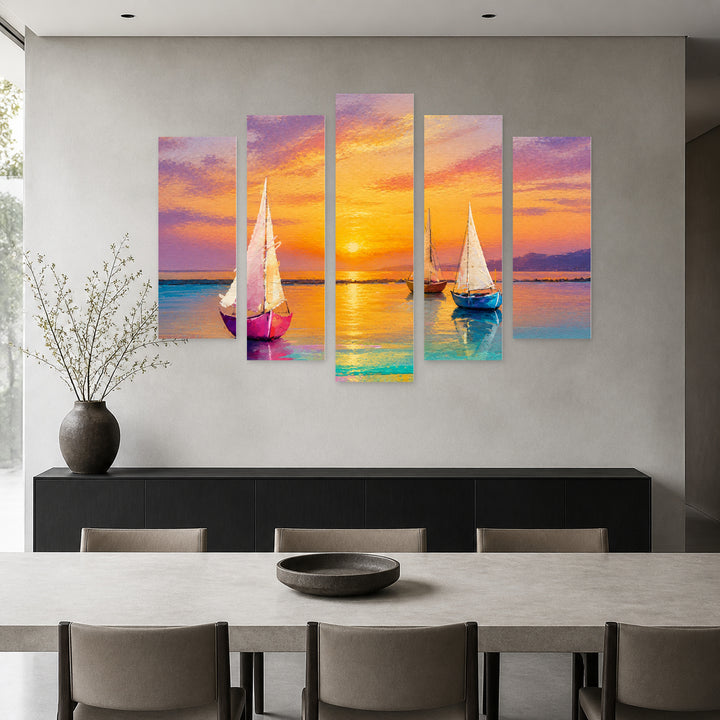 Golden Sunset over Three Boats — five-panel wall art in frontal interior | 5wallart 55148 M3
