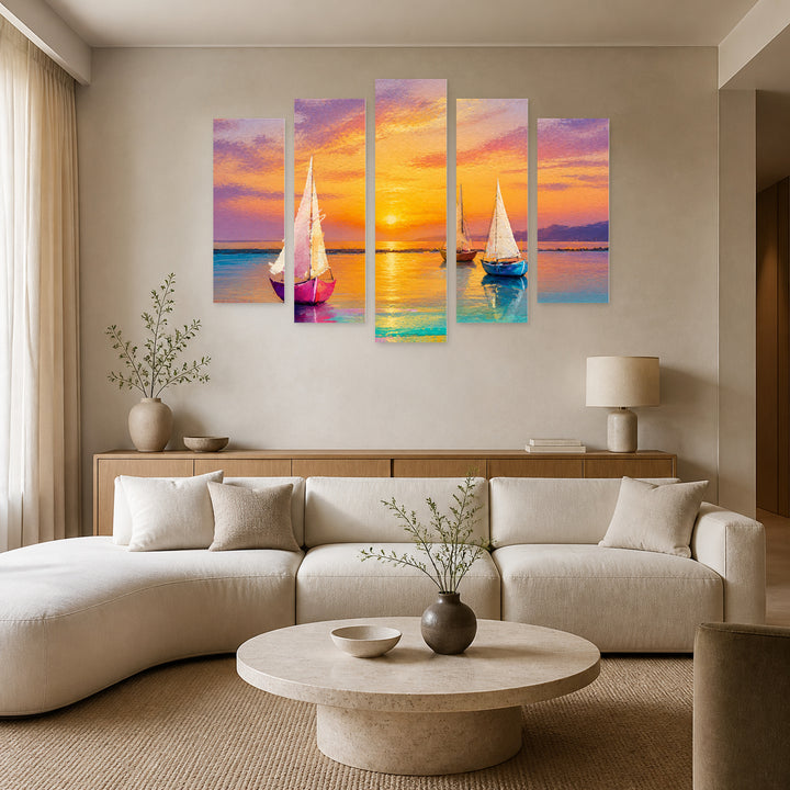 Golden Sunset over Three Boats — five-panel wall art in alternate frontal interior | 5wallart 55148 M4
