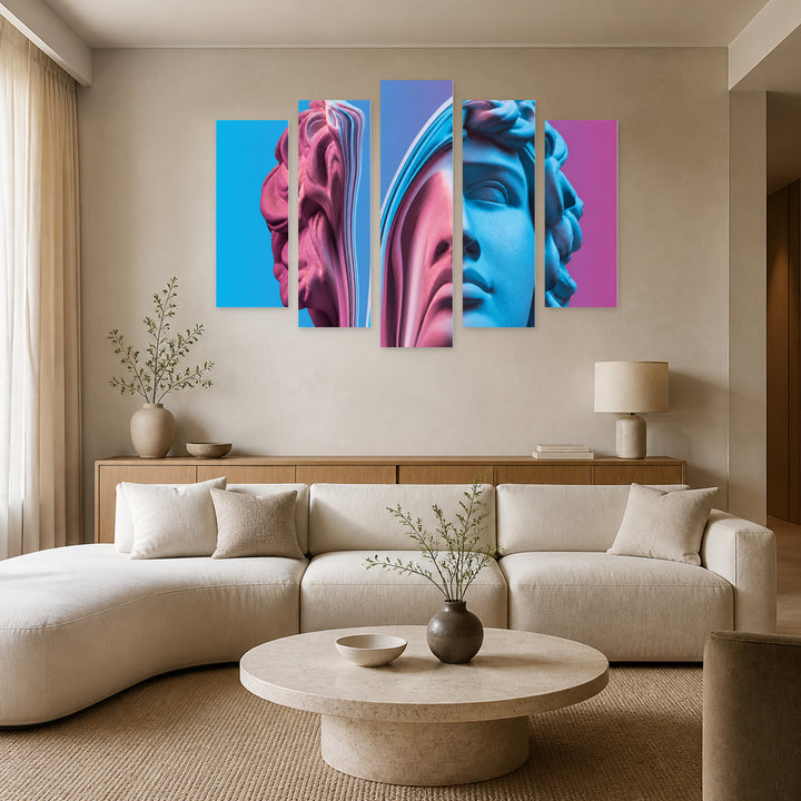 Pop Art Style Sculpture with Vintage Character — five-panel wall art in alternate frontal interior | 5wallart 55152 M4