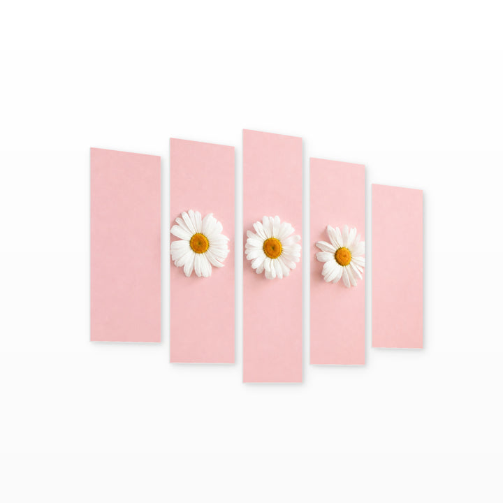 White Chamomile Flowers with Geometric Rhythm — five-panel wall art on white background in perspective | 5wallart 55153 M1
