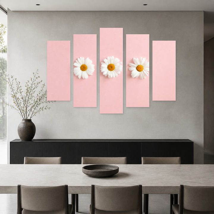 White Chamomile Flowers with Geometric Rhythm — five-panel wall art in alternate frontal interior | 5wallart 55153 M4