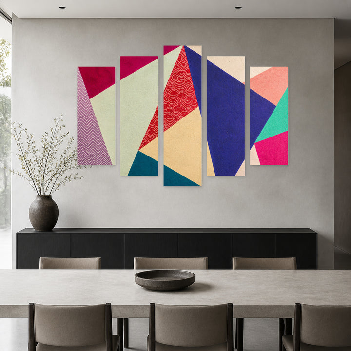 Geometric Background with Bright Tones with Dramatic Contrast — five-panel wall art in frontal interior | 5wallart 55154 M3