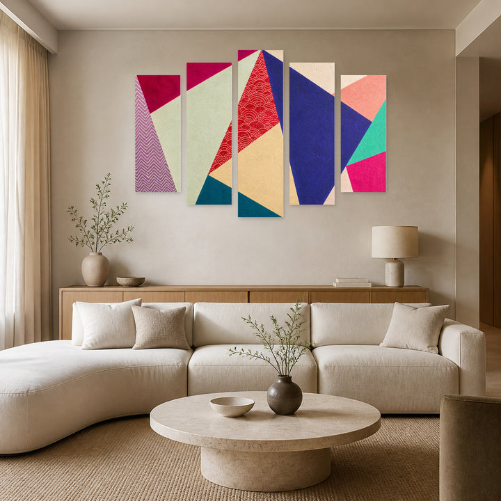 Geometric Background with Bright Tones with Dramatic Contrast — five-panel wall art in alternate frontal interior | 5wallart 55154 M4