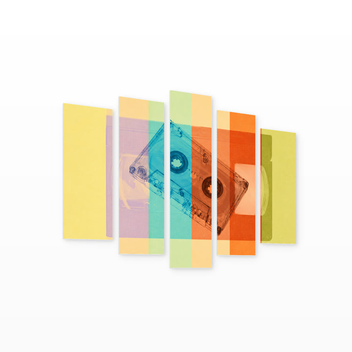 Retro-style Cassettes with Dramatic Contrast — five-panel wall art on white background in perspective | 5wallart 55156 M1