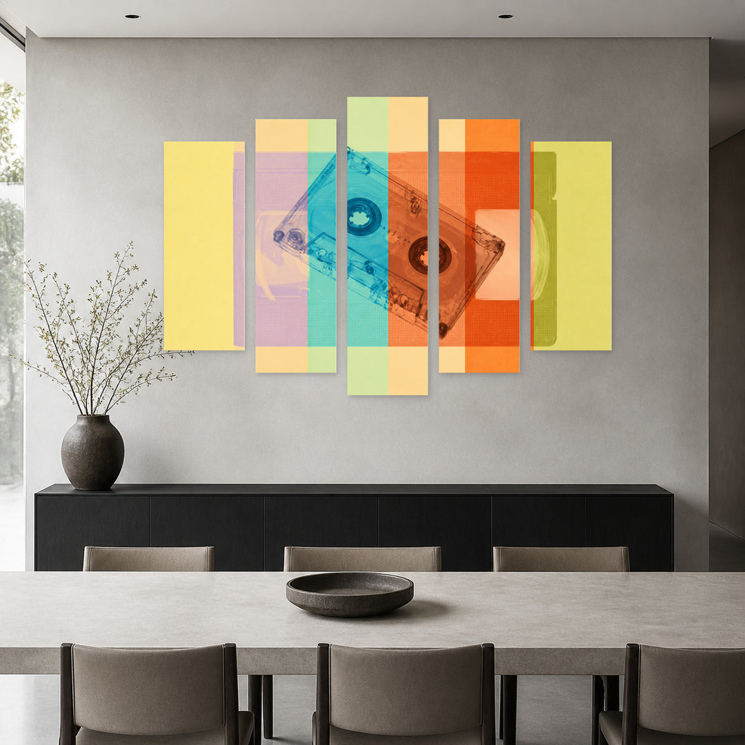 Retro-style Cassettes with Dramatic Contrast — five-panel wall art in frontal interior | 5wallart 55156 M3