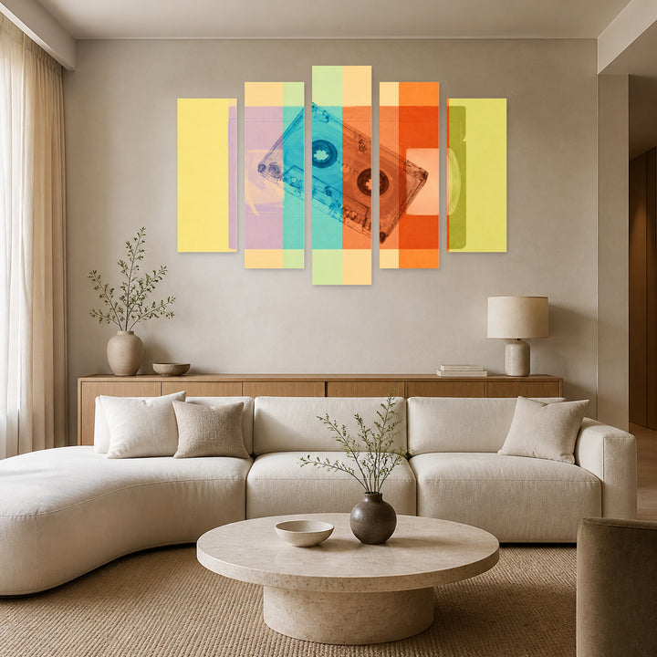 Retro-style Cassettes with Dramatic Contrast — five-panel wall art in alternate frontal interior | 5wallart 55156 M4