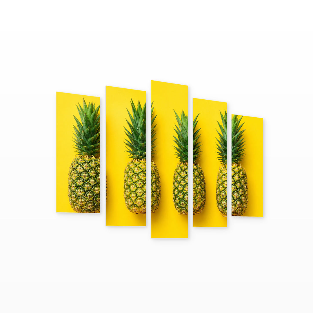 Pop Art Pineapple Design with Dramatic Contrast — five-panel wall art on white background in perspective | 5wallart 55157 M1