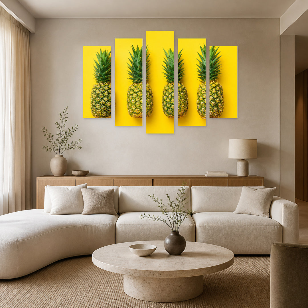 Pop Art Pineapple Design with Dramatic Contrast — five-panel wall art in frontal interior | 5wallart 55157 M3