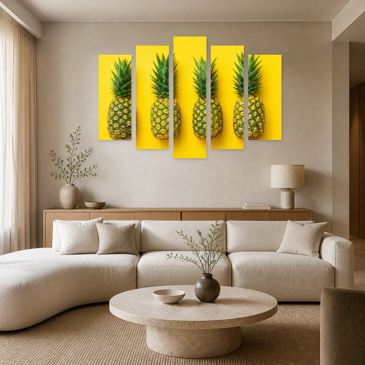Pop Art Pineapple Design with Dramatic Contrast — five-panel wall art in frontal interior | 5wallart 55157 M3