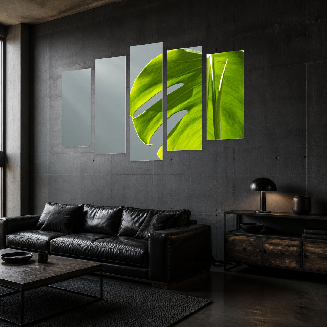 Monstera in Serene Light — five-panel wall art in perspective interior | 5wallart 55158 M2