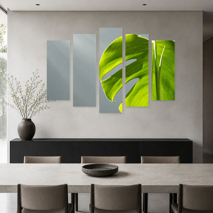 Monstera in Serene Light — five-panel wall art in frontal interior | 5wallart 55158 M3